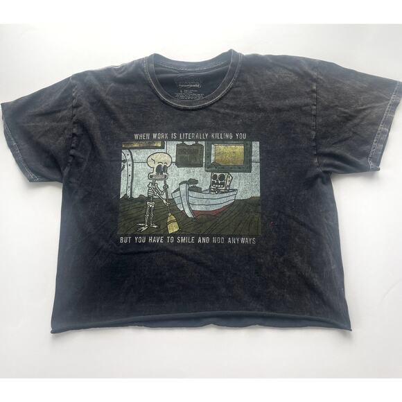Nickelodeon Spongebob Acid Wash Gray Crop Tee Sz L - Picture 1 of 4